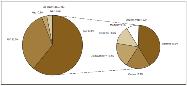 The figure shows the percentage of drinking water-associated outbreaks that were reported in the United States during 2007-2008, by predominant illness and etiology. Acute gastrointestinal illness was associated with 61.1% of the 36 outbreaks; acute respiratory illness with 33.3%; viral hepatitis with 2.8%; and illnesses, conditions, or symptoms affecting the skin with 2.8%.